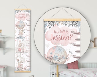 Personalised Height/ Growth Chart - Floral Rabbits - Beautiful Nursery & Bedroom Wall Decor - Printed on a Luxury Fabric - Ideal Keepsake