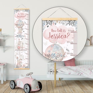 Personalisierte Messlatte für Körpergröße und Wachstumsmerkmale - Blumenkaninchen - Schöne Kinderzimmer- und Schlafzimmerwanddekoration - Gedruckt auf einem luxuriösen Stoff - Ideales Andenken