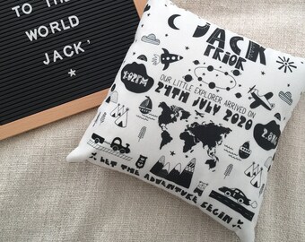 Personalised Baby Birth Cushion - Black & White Little Explorer - Ideal gift for a newborn or child to brighten up a nursery/bedroom