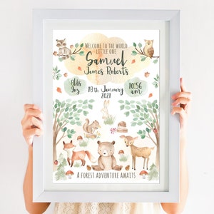Personalised A4/A3 Birth Print - Ideal Newborn Baby Gift - Nursery/Bedroom Decor - Keepsake Wall Art - Forest Woodland Animals Design