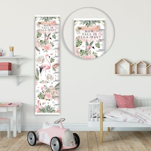 Gepersonaliseerde hoogte/ groeigrafiek - Tropical Flamingo Flowers - Beautiful Nursery & Bedroom Wall Decor - Luxury Fabric - Ideal Keepsake