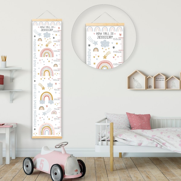 Personalised Height/ Growth Chart - Rainbow Stars - Beautiful Nursery & Bedroom Wall Decor - Printed on a Luxury Fabric - Ideal Keepsake