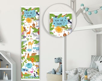 Personalised Height/ Growth Chart - Tropical Safari Animals - Beautiful Nursery & Bedroom Wall Decor - Luxury Fabric - Ideal Keepsake