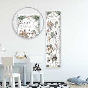 Gráfico de altura/crecimiento personalizado - Jungle Animal Print - Hermosa decoración de la pared del vivero y del dormitorio -impreso en una tela de lujo - Keepsake