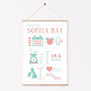 Cuadro de nacimiento personalizado en color rosa, tamaño A3, tejido de lujo, percha de madera, regalo ideal para recién nacidos, decoración de dormitorio o guardería