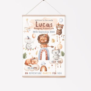 Personalised Boho Baby Animals Birth Print - Luxury Fabric Material - Wooden Hanger - Ideal Newborn Baby Gift -Nursery/Bedroom Decor