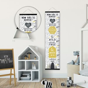 Gráfico de altura/crescimento personalizado - Be Wild & Free Grey Mustard - Lindo berçário, decoração de parede de quarto em um tecido luxuoso - lembrança ideal