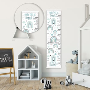 Personalisierte Höhe / Wachstum Diagramm - blaue Pastell Regenbogen - schöne Kinderzimmer & Schlafzimmer Wand Dekor - gedruckt auf einem Luxus-Stoff - ideale Andenken