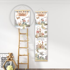 Gepersonaliseerde hoogte / groei grafiek -Draken, Ridders &prinsessen- Mooie kwekerij, slaapkamer muur decor-gedrukt op een luxe stof-aandenken
