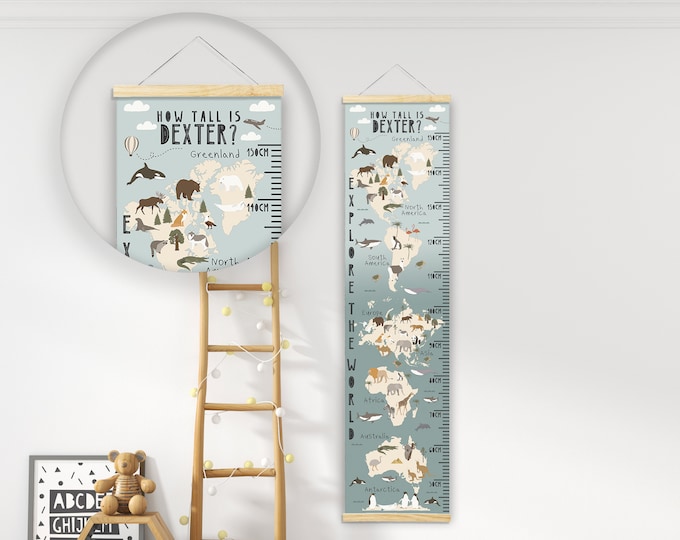 Personalised Height/ Growth Chart - My Animal world Map - Beautiful Nursery & Bedroom Wall Decor -Printed on Luxury Fabric -Ideal Keepsake
