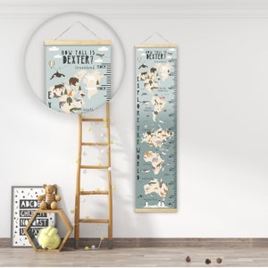 Personalised Height/ Growth Chart - My Animal world Map - Beautiful Nursery & Bedroom Wall Decor -Printed on Luxury Fabric -Ideal Keepsake