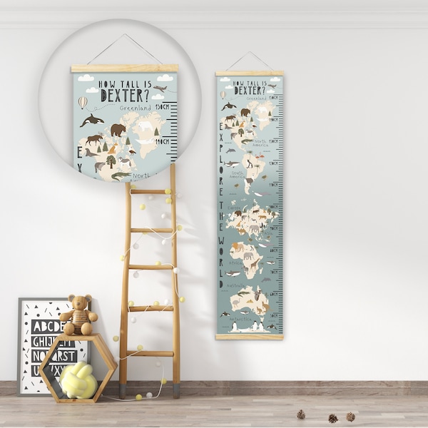 Tabla de crecimiento personalizada - Mapa del mundo animal - Hermosa decoración de pared para habitación infantil y dormitorio - Impresa en tela de lujo - Ideal como recuerdo