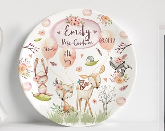 Personalised Birth or Christening Plate - Boho Woodland Animals - Ideal newborn baby/first birthday gift - Nursery Decor - Melamine or China