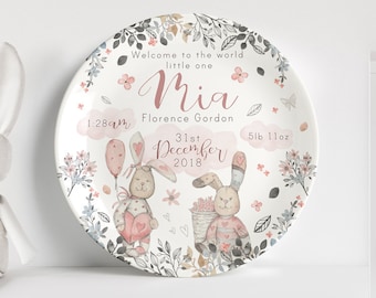 Personalised Birth or Christening Plate - Floral Rabbits Pink - Ideal newborn baby/first birthday gift- Nursery Decor - Melamine or China