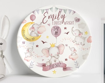 Personalised Birth or Christening Plate - Watercolour Elephants - Ideal newborn baby/first birthday gift- Nursery Decor - Melamine or China