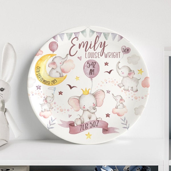Personalised Birth or Christening Plate - Watercolour Elephants - Ideal newborn baby/first birthday gift- Nursery Decor - Melamine or China
