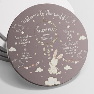Personalised Birth Flat Ornament Plaque - Ideal keepsake present/gift for a newborn baby/Christening -Nursery decor - Spring Rabbit Flowers