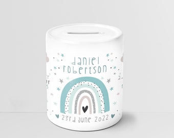 Hucha/ Hucha Cerámica Personalizada - Regalo Nacimiento o Bautizo - Ideal recién nacido o Primer Cumpleaños - Decoración Guardería - Azul Arcoíris
