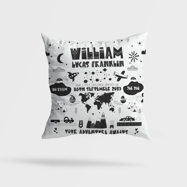 Black /& White Little Explorer Ideal gift for a newborn or child to brighten up a nurserybedroom Personalised Baby Birth Cushion