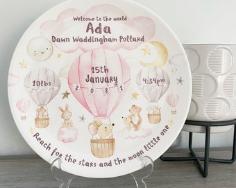Personalised Birth or Christening Plate - Balloon Animals Pink - Ideal newborn baby/first birthday gift- Nursery Decor - Melamine or China