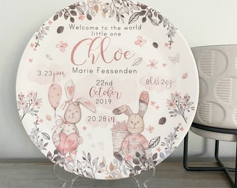 Personalised Birth or Christening Plate - Floral Rabbits Pink - Ideal newborn baby/first birthday gift- Nursery Decor - Melamine or China
