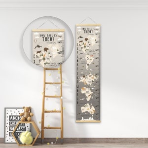 Hauteur / tableau de croissance personnalisé - Ma carte du monde animal Beige Marron - Belle chambre à coucher de chambre à coucher de chambre à coucher - Matériau de tissu de luxe - Souvenir