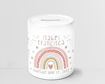 Hucha/ Hucha Cerámica Personalizada - Regalo Nacimiento o Bautizo - Ideal recién nacido o Primer Cumpleaños - Decoración Guardería - Rosa Arco Iris