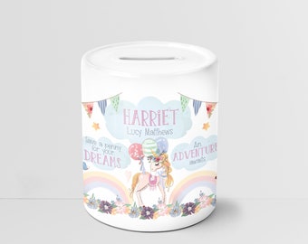 Hucha de Cerámica Personalizada/ Hucha - Regalo de Nacimiento o Bautizo - Bebé Recién Nacido Ideal o Primer Cumpleaños - Decoración de Guardería - Arco Iris de Unicornio