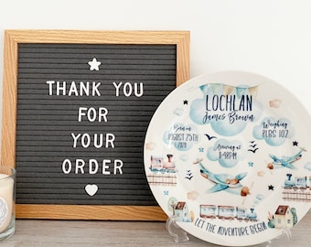 Personalised Birth or Christening Plate - Planes and Trains - Ideal newborn baby/first birthday gift- Nursery Decor - Melamine or China