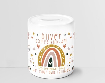 Hucha Cerámica Personalizada/ Hucha - Regalo Nacimiento o Bautizo - Ideal recién nacido o Primer Cumpleaños - Decoración Guardería - Naranja Arco Iris