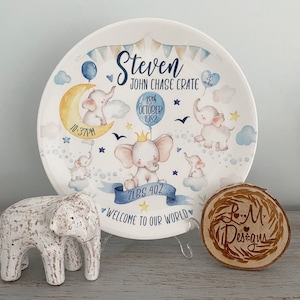 Personalised Birth or Christening Plate - Watercolour Elephants - Ideal newborn baby/first birthday gift- Nursery Decor - Melamine or China