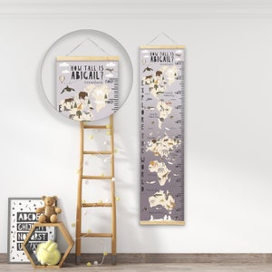Taille personnalisée/courbe de croissance - ma carte du monde animal violet poussiéreux - belle décoration murale de chambre à coucher - tissu de luxe - souvenir