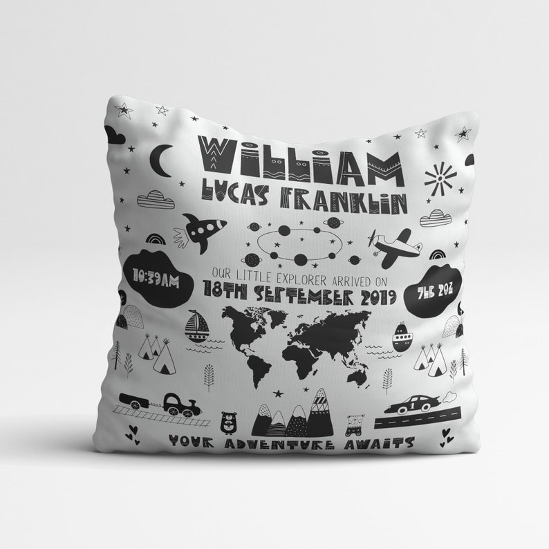 Black /& White Little Explorer Ideal gift for a newborn or child to brighten up a nurserybedroom Personalised Baby Birth Cushion