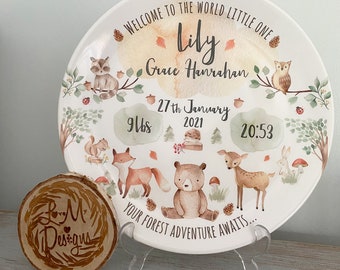 Personalised Birth or Christening Plate - Forest Animals - Ideal newborn baby/first birthday gift- Nursery Decor - Melamine or China