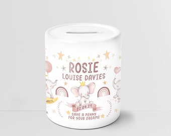 Hucha Cerámica Personalizada/ Hucha - Regalo Nacimiento/ Bautizo - Bebé Recién Nacido Ideal o Primer Cumpleaños - Decoración Guardería - Elefante Arco Iris