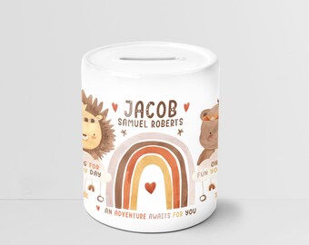 Caja de dinero de cerámica personalizada/alcancía-regalo de nacimiento o bautizo-bebé recién nacido, primer cumpleaños-decoración de guardería-boho arcoíris animales