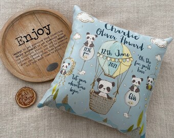 Personalised Baby Birth Cushion or Christening Cushion - Panda Balloon Fun - Keepsake gift for a newborn. Ideal nursery/bedroom decor