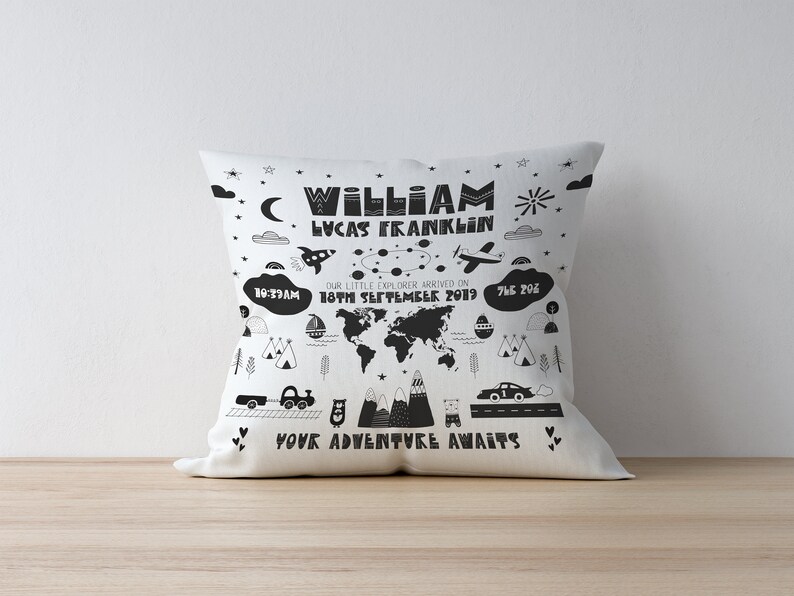 Black /& White Little Explorer Ideal gift for a newborn or child to brighten up a nurserybedroom Personalised Baby Birth Cushion