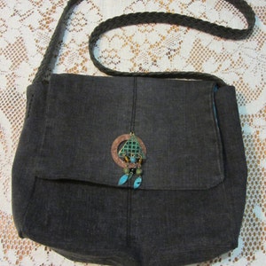 Black Denim and Turquoise Shoulder Bag, Upcycled Denim, Leather Strap, Fully Lined, Messenger Bag