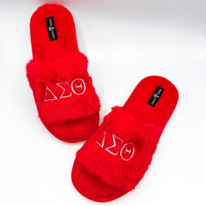 Delta Sigma Theta Red Crimson Plush Slipper Slides with thick rubber bottom.