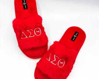 Delta Sigma Theta DST Red Plush Embroidered Women's Slipper Slides