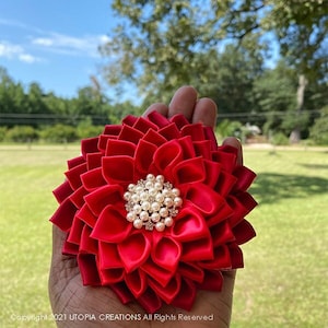 Red Ruby Monochromatic SATIN Ribbon FLOWER CORSAGE Brooch Pin