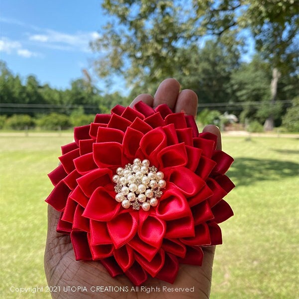 Red Ruby Monochromatic SATIN Ribbon FLOWER CORSAGE Brooch Pin