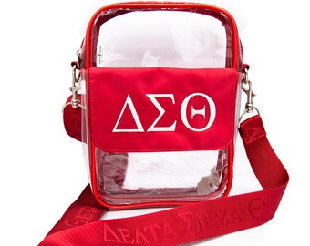 Delta Sigma Theta Sorority Clear Embroidered Stadium Crossbody Messenger Bag with Adjustable Guitar Strap