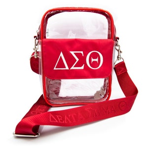 Clear ΔΣΘ Delta Sigma Theta Stadium Crossbody Messenger Bag with wide embossed guitar-strap.
