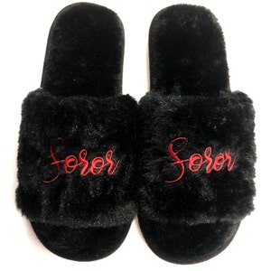 Delta Sigma Theta DST Black Plush Embroidered "Soror" Women's Slipper Red Bottom Slides