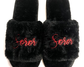 Delta Sigma Theta DST Black Plush Embroidered "Soror" Women's Slipper Red Bottom Slides