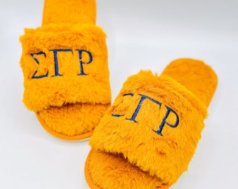 Sigma Gamma Rho SGRho Golden Plush Embroidered Women's Slipper Slides