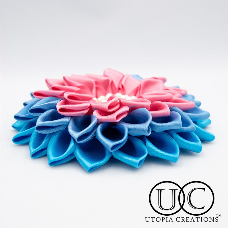 Originator Creator Multi-color JJOA Ribbon Flower Corsage Pink and Light Blue Jillian Pearl Satin Flower Corsage Brooch image 3