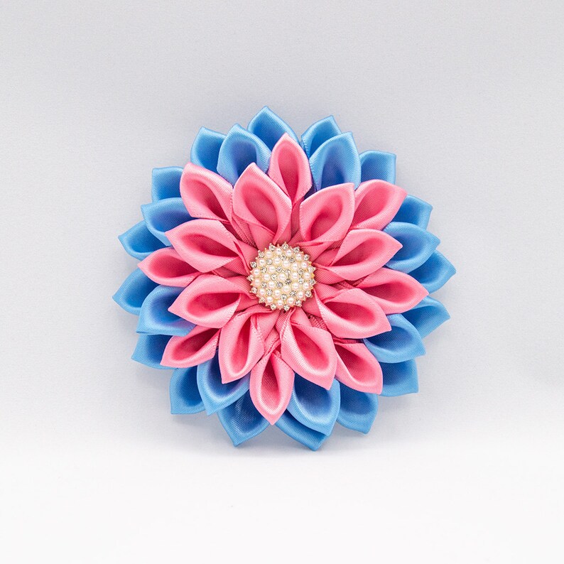 Originator Creator Multi-color JJOA Ribbon Flower Corsage Pink and Light Blue Jillian Pearl Satin Flower Corsage Brooch image 4